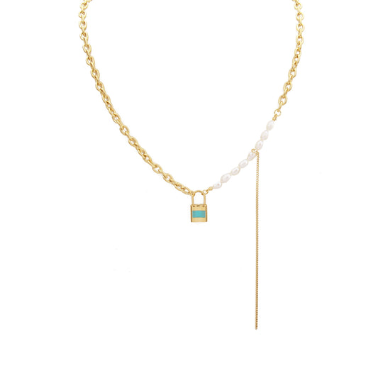 N017:Stainless Steel Lock Pendant, Pearl Necklace For Women And Men, Color Not Fade, Waterproof