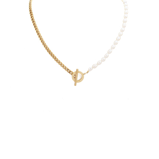 N018:Stainless Steel Lock And Pearl Pendant Necklace For Women And Men, Color Not Fade, Waterproof