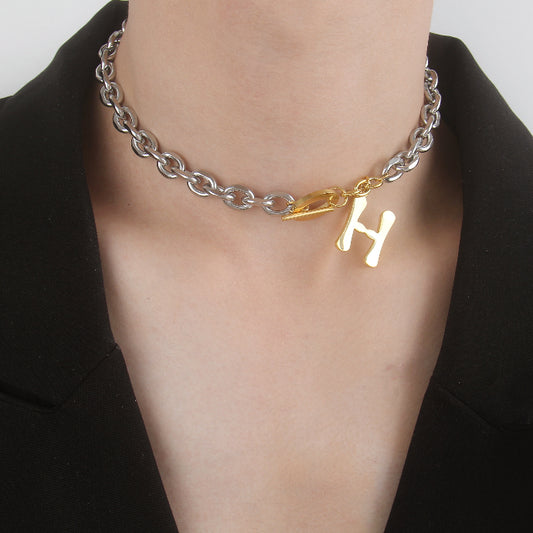 N042:Stainless Steel Titanium H Style Chuck Choker Necklace For Women And Men, Color Not Fade, Waterproof