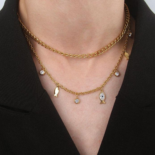 N071:Stainless Steel Titanium Fish And Evil Eye Multi layered Necklace For Women And Men,Color Not Fade, Waterproof