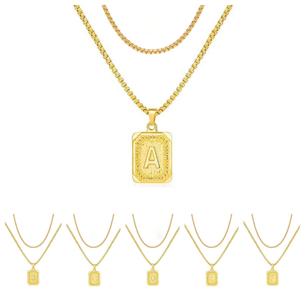 LN001:Initial A Z Letter Pendant Necklace Mens Womens Capital Letter Yellow Gold Plated Stainless Steel Box Chain