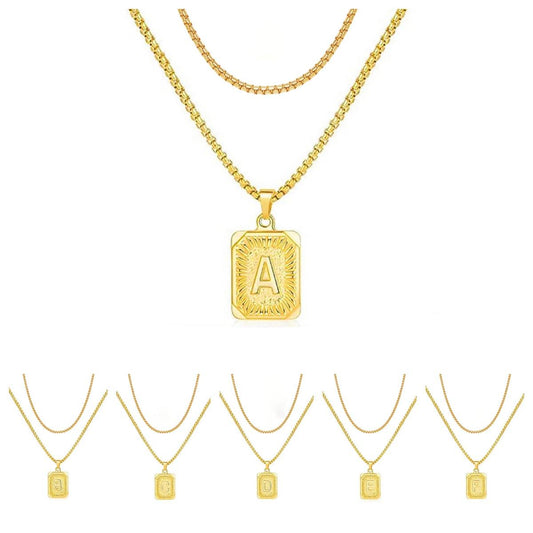 LN001:Initial A Z Letter Pendant Necklace Mens Womens Capital Letter Yellow Gold Plated Stainless Steel Box Chain