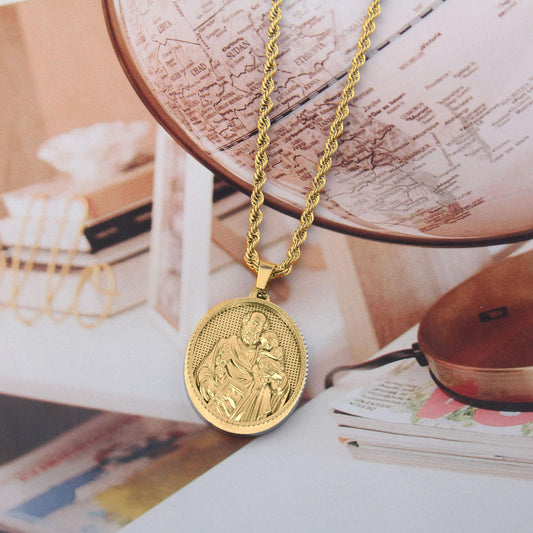 Saint Joseph and Jesus Guardian Father Pendant Necklace - Stainless Steel Religious Jewelry for Men, Christian Faith Symbol, Perfect Gift for Father's Day, Baptism, or Confirmation