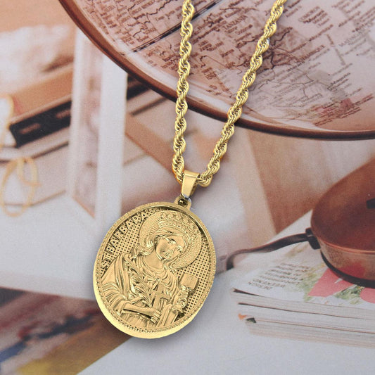 Saint Barbara Medallion Necklace – Elegant Stainless  Steel Pendant with Detailed Religious pictures, 24" Chain, Perfect Gift for Faith and Protection