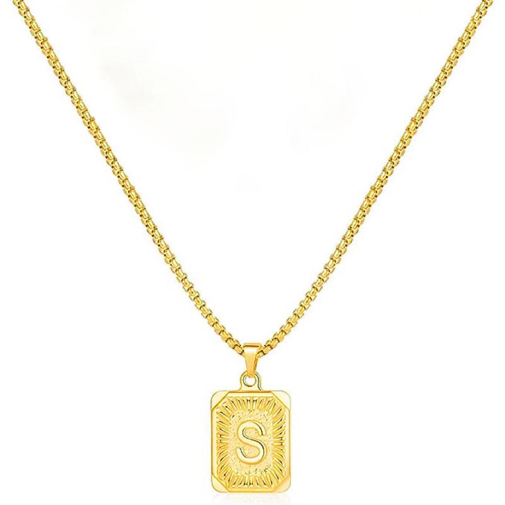 LN001:Initial A Z Letter Pendant Necklace Mens Womens Capital Letter Yellow Gold Plated Stainless Steel Box Chain