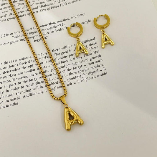 Initial Set/ Bubble Letter Necklace and Earrings, A-Z Balloon Initial Necklaces for Women Girls, stainless steel, Dainty Alphabet Pendant, Bold Puffy Name Necklace and Earrings