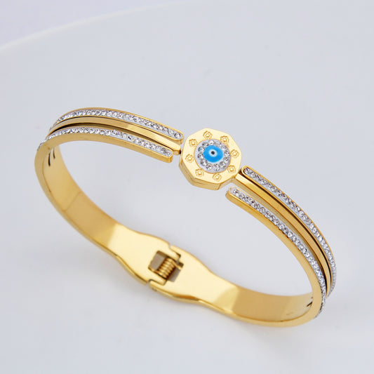 B3：Titanium Stainless Steel Evil Eye Bangle Bracelet,colour not Fade, Waterproof,Side Opening