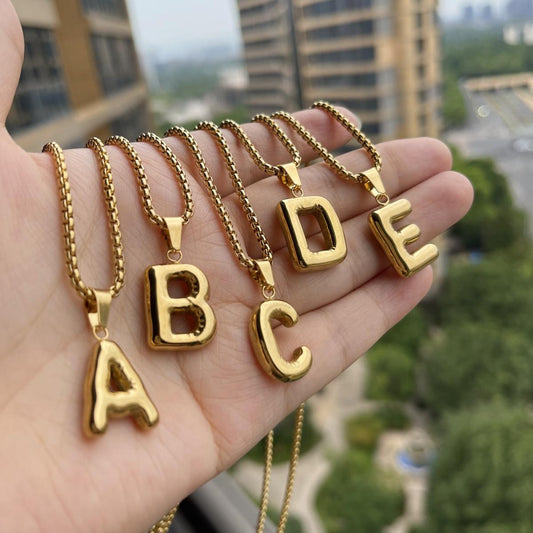 LN011:Balloon Alphabet Necklace, Unique Bubble Initial Pendant with Box Chain - 26 Letters, Waterproof, Tarnish-Resistant, Stylish and Elegant Jewelry for Women and Girls