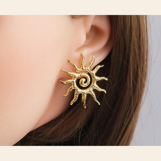 Vintage Sun Symbol Stainless Steel Stud Earrings | Minimalist Stylish Accessories for Lobe Piercings | Statement Earrings, Lightweight, Trendy & Fashionable Jewelry