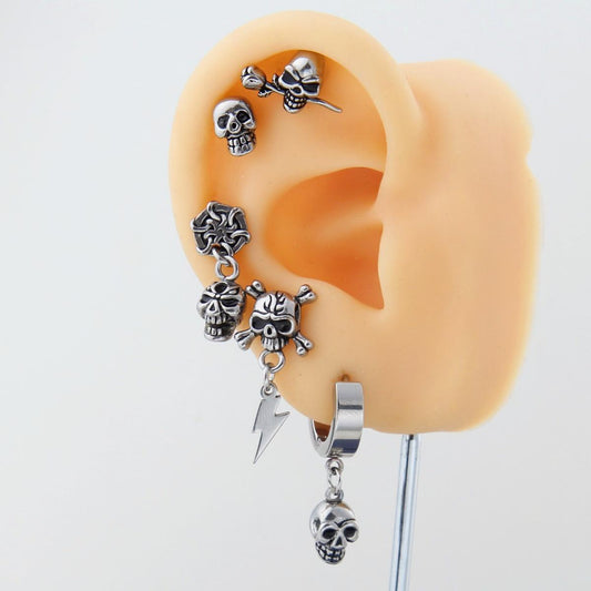Skull head Helix Cartilage Stud Earring with Flat Back – Stainless Steel, Unisex Piercing Jewelry for Men and Women