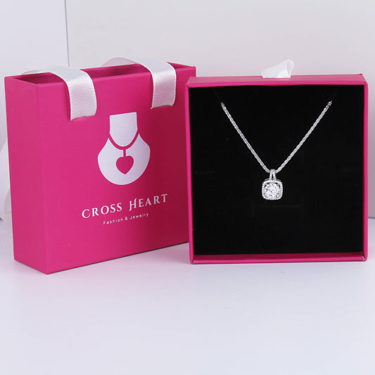 S925 Sterling Silver Necklace with Synthetic Moissanite Pendant – Classic Cushion- cut Stone with A Halo Design  ,2 Carat Stone, Hypoallergenic, Dainty Gift for Women, Gift Box Included