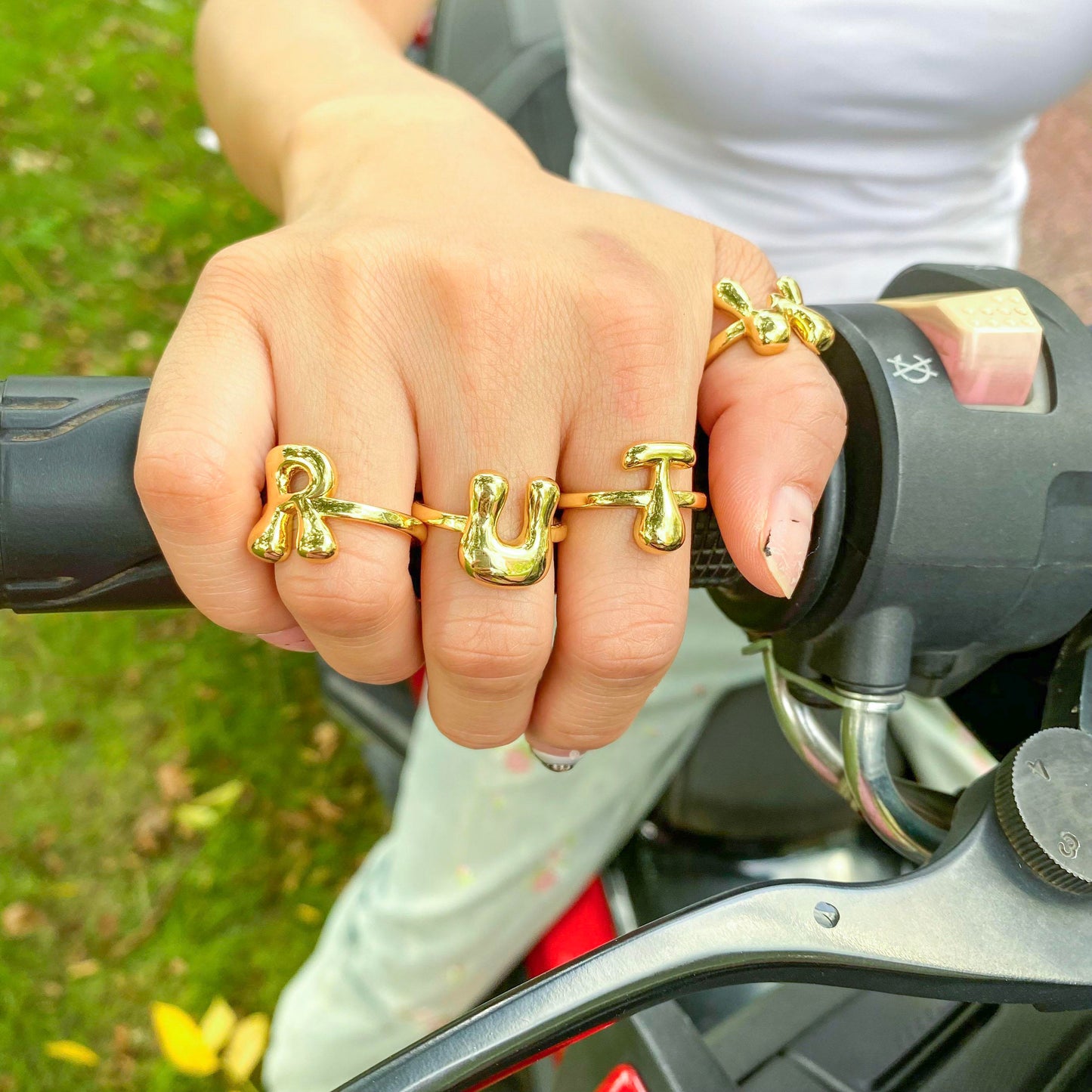 Bubble Initial Rings - Unique balloon Letter Rings, Brass, Adjustable Open A-Z Alphabet, Stylish Fashion Gift Jewelry for Women
