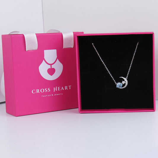 S925 Crescent Moon and Star with Sky Blue Zircon Pendant necklace for women-Sterling Silver, Sparkling Frosted Finish Zirconia Necklaces,Dainty Gifts for Mom Daughter Girlfriend.