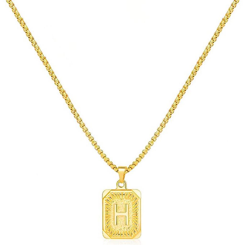 LN001:Initial A Z Letter Pendant Necklace Mens Womens Capital Letter Yellow Gold Plated Stainless Steel Box Chain