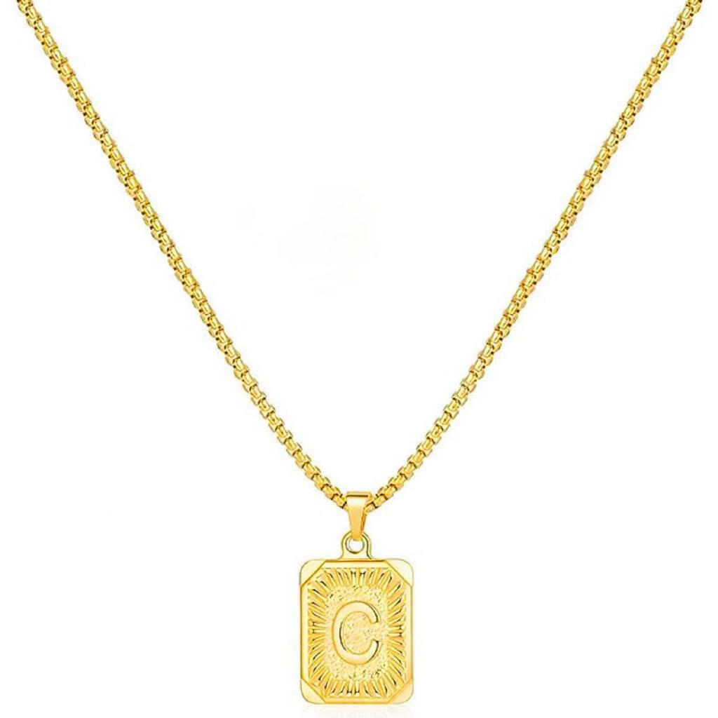 LN001:Initial A Z Letter Pendant Necklace Mens Womens Capital Letter Yellow Gold Plated Stainless Steel Box Chain