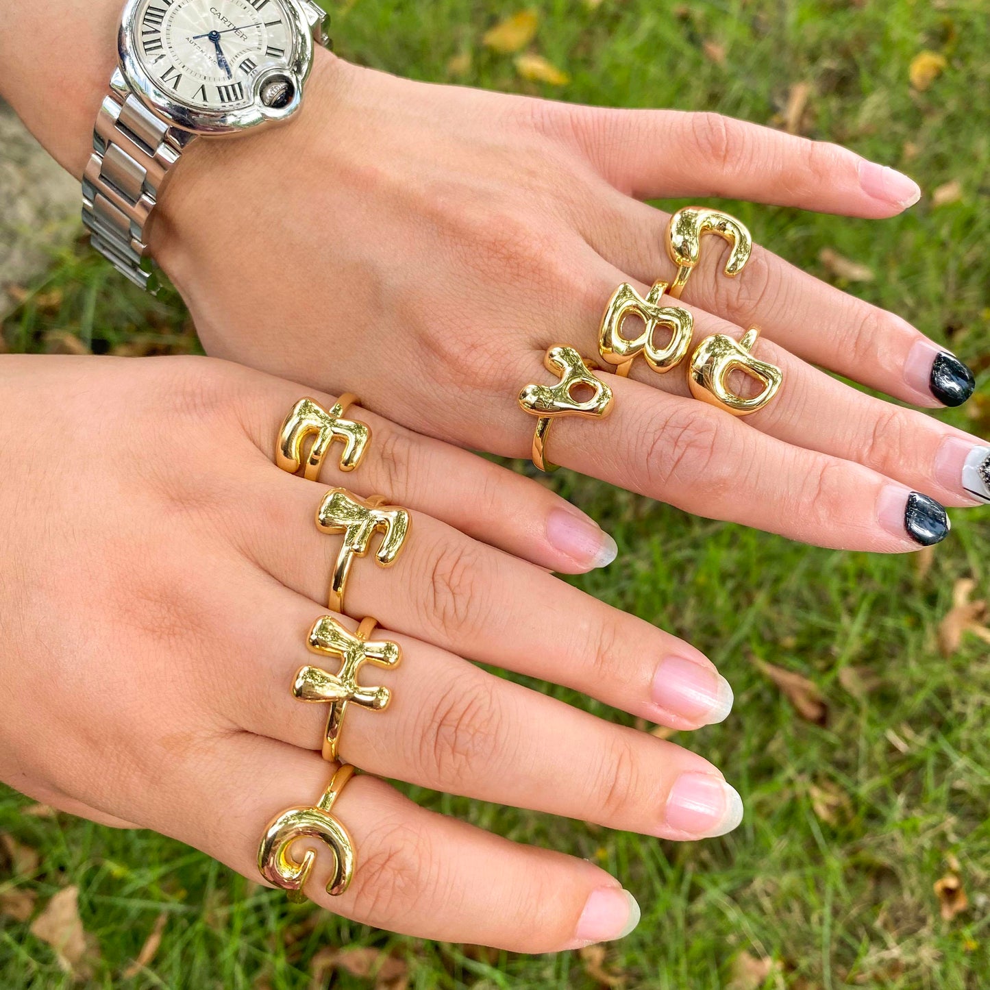 Bubble Initial Rings - Unique balloon Letter Rings, Brass, Adjustable Open A-Z Alphabet, Stylish Fashion Gift Jewelry for Women