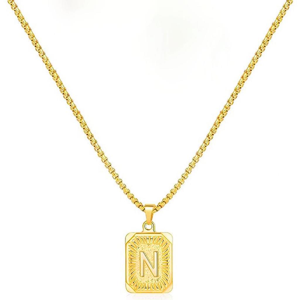 LN001:Initial A Z Letter Pendant Necklace Mens Womens Capital Letter Yellow Gold Plated Stainless Steel Box Chain
