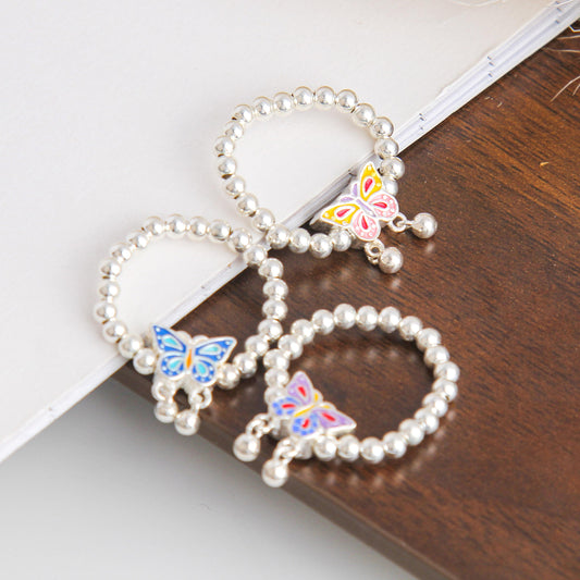 S925 Colorful Butterfly Charm Beaded Ring - Sterling Silver, Exquisite Butterfly Design with Wings Suspend Beads, Vibrant Color Block Style, Perfect Gift for Women and Girls