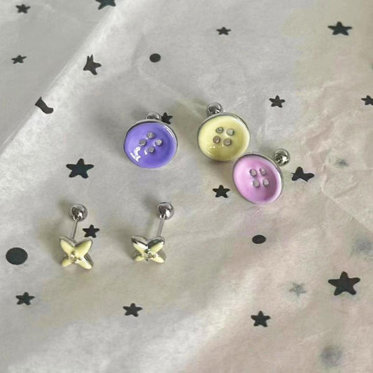 1count/ Vintage Enamel barbell Button design Stud Earring, Helix Cartilage EarlobeEarring with Round Back, Barbell  – Stainless steel, Dainty Piercing Jewelry for Women and Girls