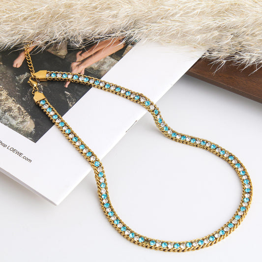 Vintage Stainless Steel Necklace with Zircon for Women –Colorful Zircon, Stainless Steel, Tennis Chain Necklace with Twisted Rope Detail, Elegant and Versatile  Jewelry for Daily Wear