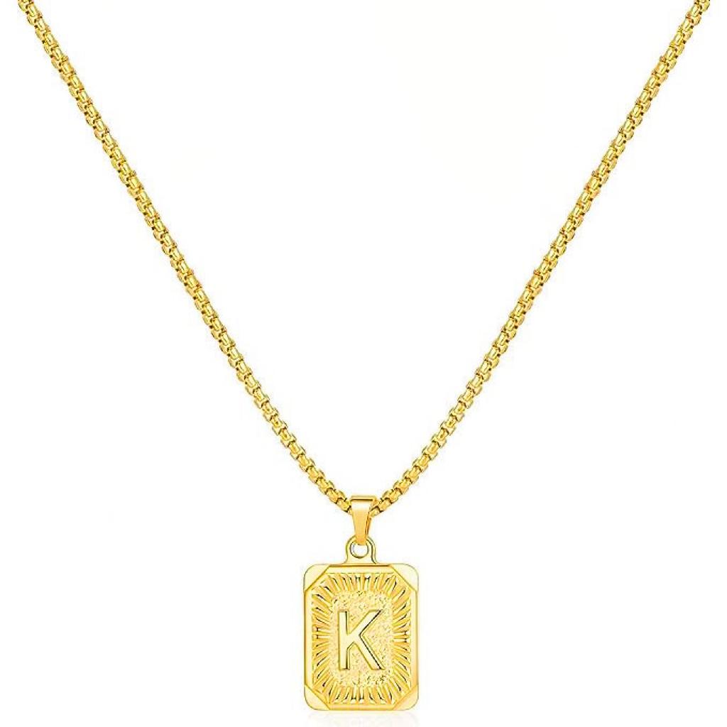 LN001:Initial A Z Letter Pendant Necklace Mens Womens Capital Letter Yellow Gold Plated Stainless Steel Box Chain
