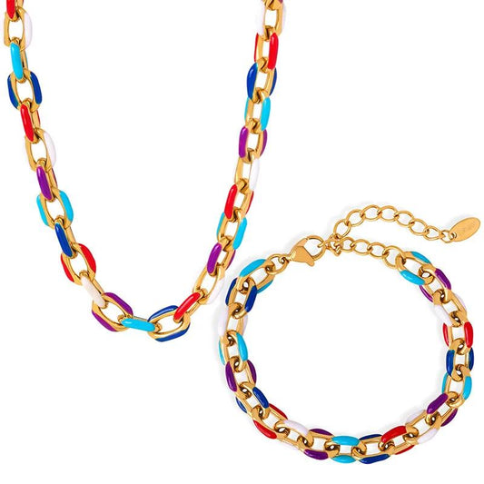 HN080:Hip-Hop Style Necklace，Rainbow Enamel Chain Necklace & Bracelet For Women And Men